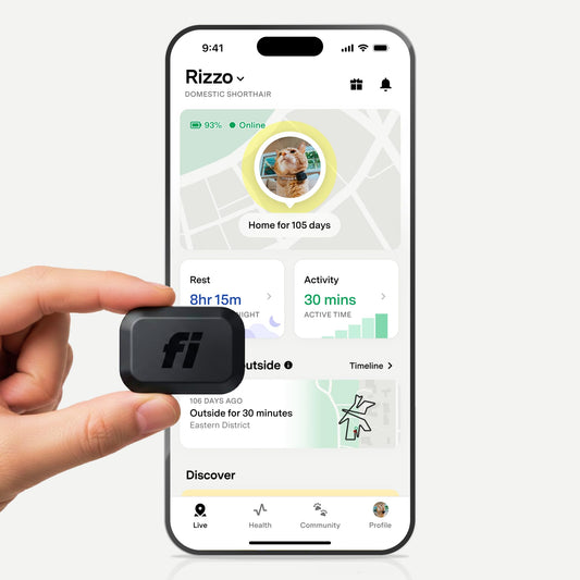 Fi Mini GPS Tracker for Cats — Lightweight Collar Attachment, Virtual Fences, Escape Alerts, Step & Health Tracking, Waterproof Cat Tracker — 12-Month Membership Included