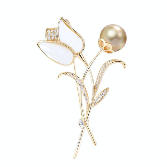 EMEGCY 18K Gold Tulip Brooch for Women Pearl Flower Brooch Pin Pearl Tulip Lapel Pin Flower Jewelry Mother's Day Birthday Gifts for Mom Wife Bride Valentine's Day Wedding