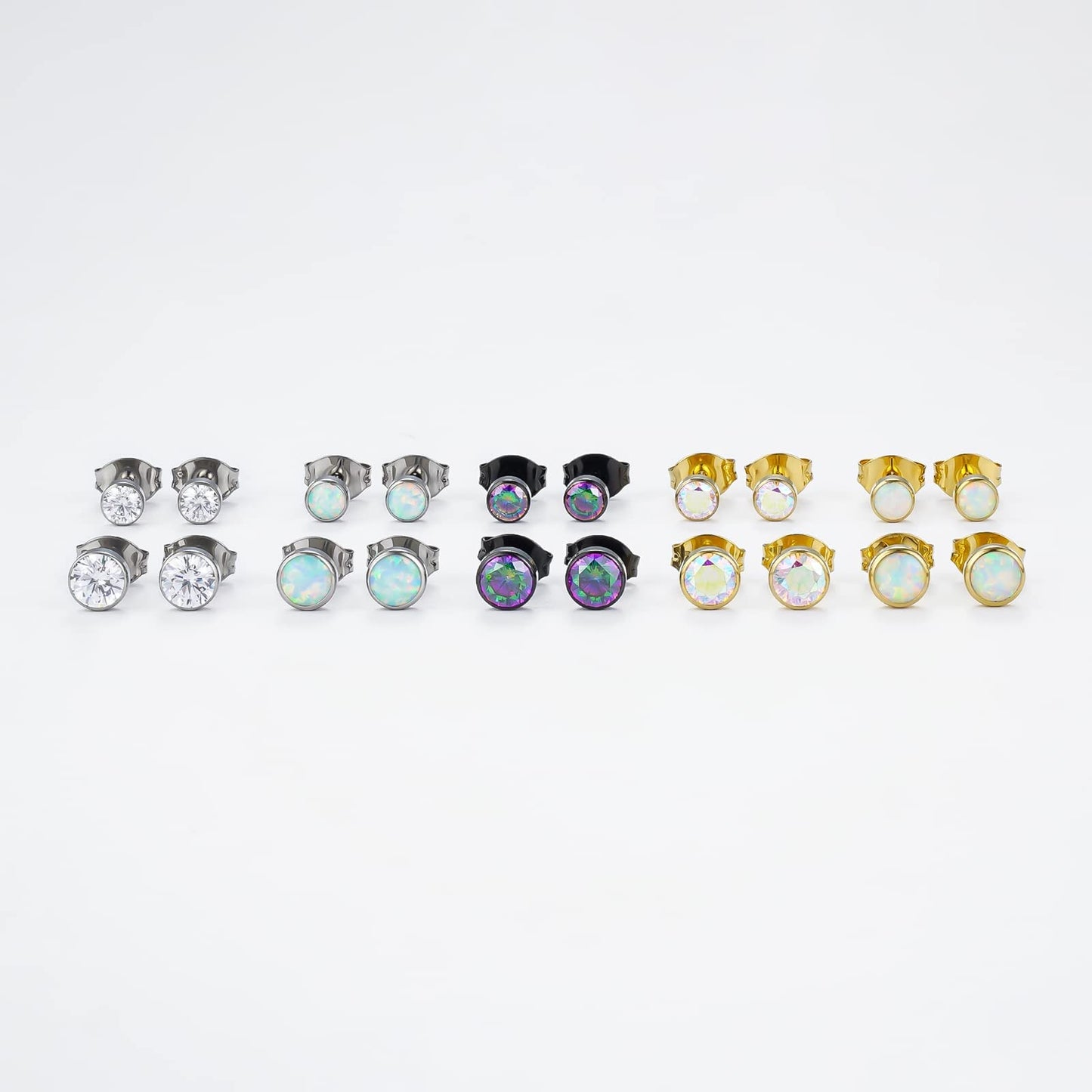 1 Pair G23 Titanium Stud Earrings Set Hypoallergenic 3mm 4mm 5mm 6mm Cubic Zirconia Studs for Women Men for Sensitive Ear(4mm bezel gold white opal)