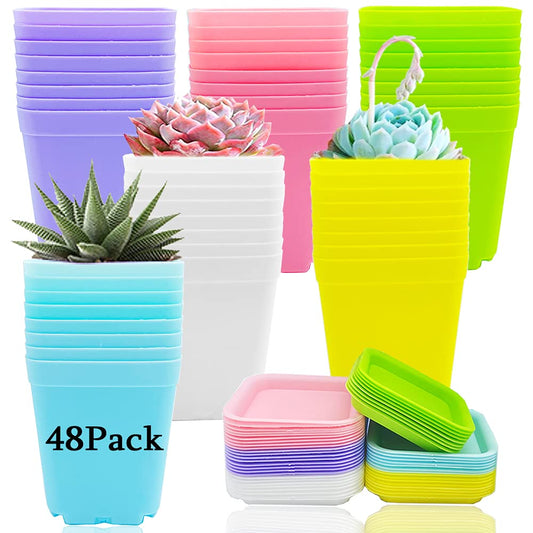 Haawooky 48 PCS 3 Inch Colorful Plastic Plant Pot,Plastic Square Nursery Pots,Seedling Nursery Pots with Saucers for Garden,Home,Office,Balcony Decor,Garden Gifts