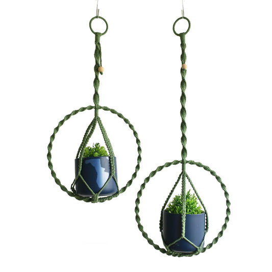 Macravine 2-Pack Handcraft Plant Hanger with Circular Ring, Hobo Art Planter Holder for Window, Macrame Plant Hanging Round, 2 Size 11.8"*23.6, 11.8 * 31.5", Green Color （No Pot and Plant Included