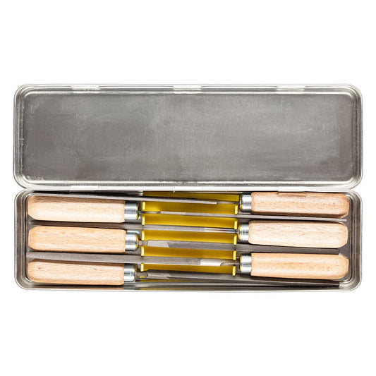 PFERD 4" Key File Set 265 K, 6-Piece – with Wooden Handles & Metal Storage Box – for Fine and Delicate Filing – Part 17010
