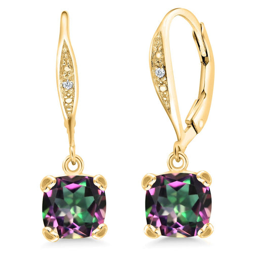 Gem Stone King Drop Dangle Earrings For Women | 7MM Cushion Cut Gemstone Birthstone and Diamond | 925 Sterling Silver | Jewelry Gift for Mom Wife Her | Green Mystic Topaz | Yellow Gold