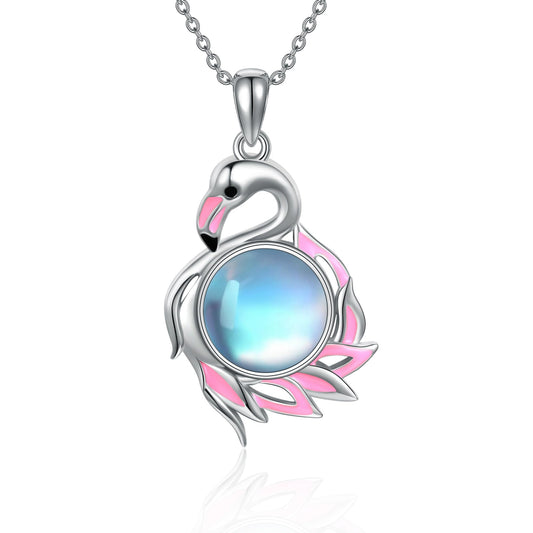 YAFEINI Flamingo Necklace 925 Sterling Silver Moonstone Pendant Christmas Mother's Day Jewelry for Women Mom Ladies