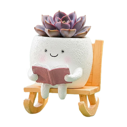 Yhupl Adorable Smiley Face Reading Flower Pot, Unique Rocking Chair-Style Resin Plant Pot with Drainage Holes, Suitable for Indoor/Outdoor Planting and Home Decor (A)