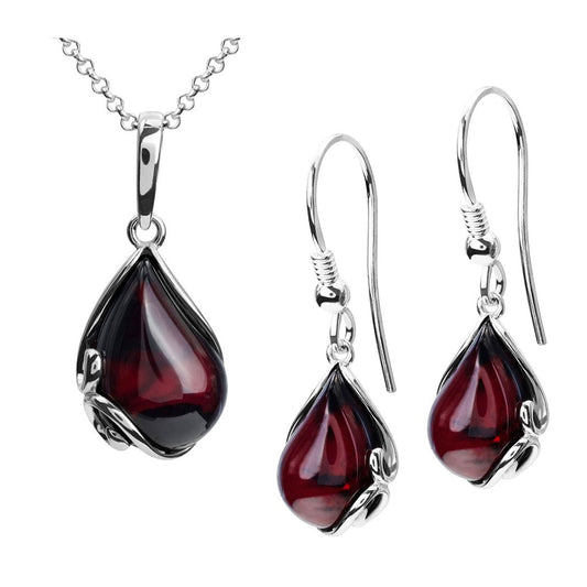 Ian and Valeri Co. Cherry Amber Sterling Silver Earrings Pendant Necklace Set Chain 18 Inches