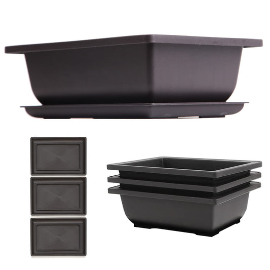 C CRYSTAL LEMON Bonsai Training Pots with Drip Trays, 3-Pack, 9” L x 6.7” W x 3” H Rectangular Plastic Planters with Drainage Holes & Mesh Screen, for Bonsai, Succulents & Cactus (Large)
