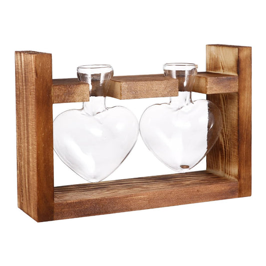 EPIGEIST 2Pcs Heart Shape Glass Vases Hydroponics Planter with Retro Wooden Rack Heat Resistant Transparent Glass Container for Flower Arrangement and Plant Propagation Decorative Terrarium