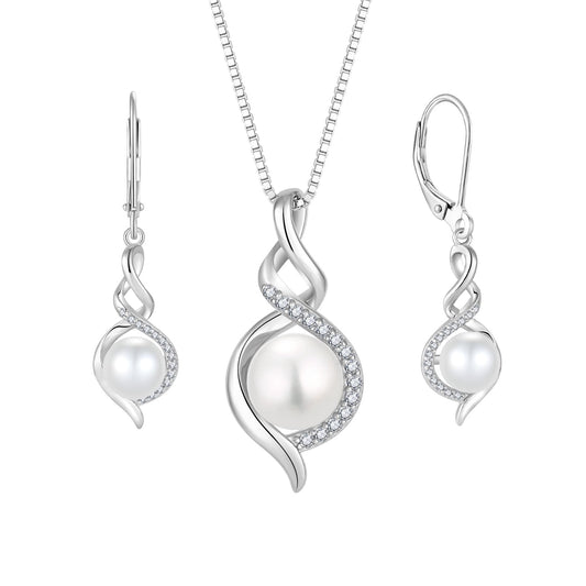 Rocayi Pearl 925 Sterling Silver Infinity Earrings and Necklace Jewelry Set for Women
