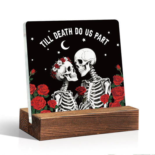 THEBESTU Till Death Do Us Part Acrylic Sign, Vintage Skeleton Halloween Birthday Gifts, Halloween Rock Wedding Table Plaque, Bachelor Engagement Party Decor, Valentine's Day Anniversary Couple Gifts
