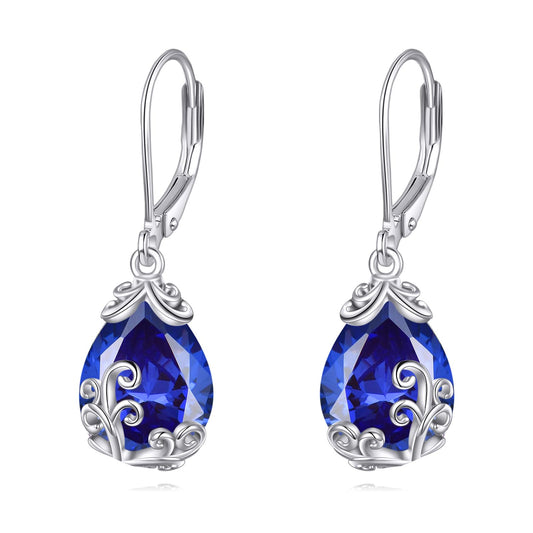 POPLYKE BirthStone Filigree Teardrop Drop Earrings Sterling Silver Sapphire Leverback Earrings September Birthstone Dangle Jewelry Gifts for Women