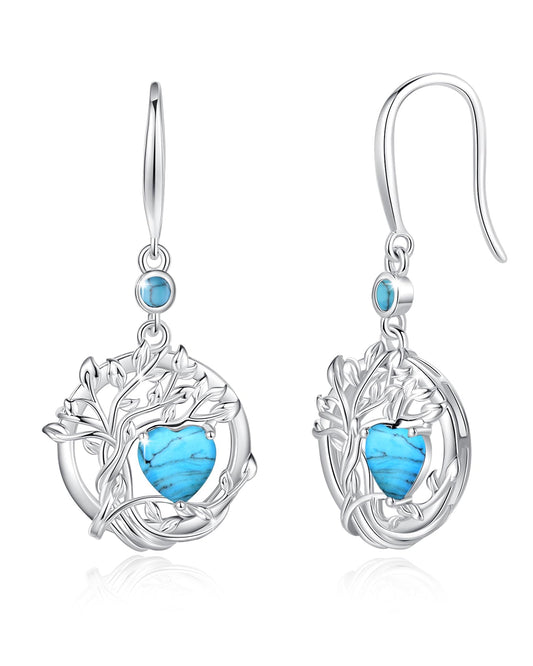 FANCIME Tree of Life Earrings 925 Sterling Silver Dainty Turquoise Dangle Drop Gemstone Earring December Birthstone Fine Jewelry Birthday Mothers Day Gifts for Mom Her Women