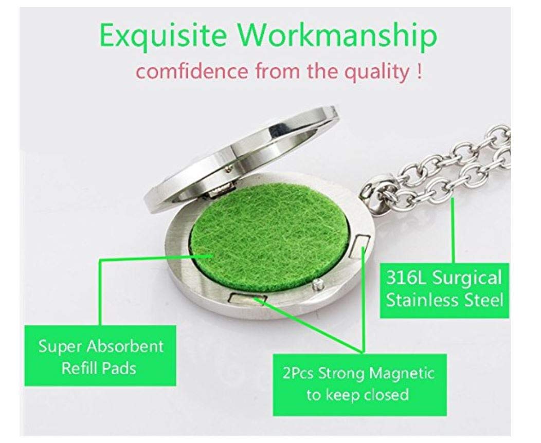 Aromatherapy Essential Oil Diffuser Stainless Steel 30MM Silver Locket Pendant 2 Sizes Chain Necklace, Refill Pads & Diffuser Bracelet in a Velvet Bag (flower2)