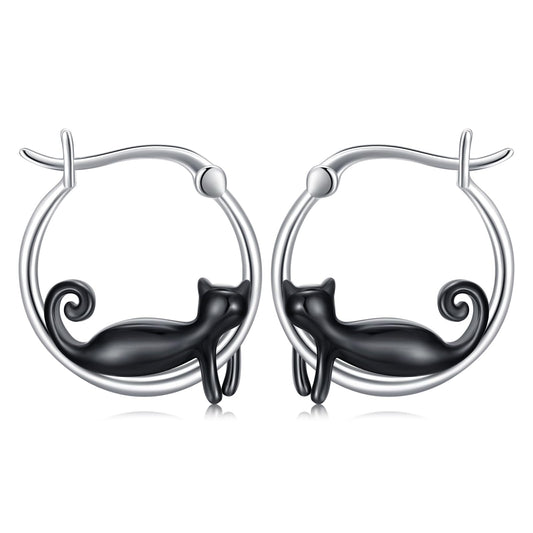 JUSTKIDSTOY Black Cat Earrings for Women 925 Sterling Silver 17mm Cute Hoop Earrings Halloween Jewelry Graduation Gifts for Daughter Her Cat Lovers