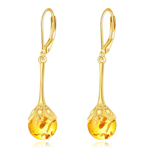 TIGER RIDER Amber Earrings for Women 925 Sterling Silver Gold Filigree Dangle Earrings Amber Jewelry Gift for Mom Wife