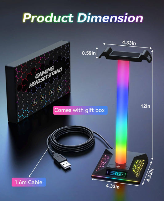 RGB Gaming Headset Stand, LED Headset Holder with 3 Charging Ports (2 USB & 1 Type-C) & 10 Lighting Modes, Headphone Stand Cool Stuff for Boys, Desk PC Gaming Accessories Gifts for Gamers Men Adult
