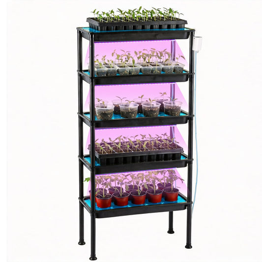 RooTrimmer 5-Tier Seed Starter Tray, Plant Stand with Grow Lights & Pump - Hydroponics Growing System, Ebb and Flow Seedbeds, Siphoning Watering, Designed for Nursery Cell Trays, Plant Pots