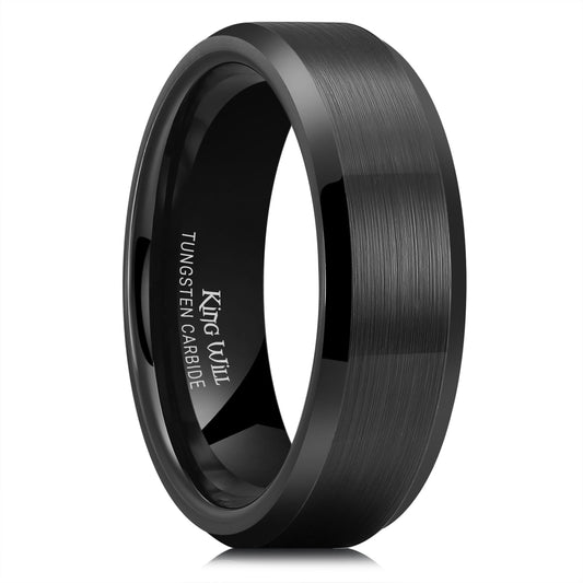 King Will Black Mens Tungsten Carbide Ring Wedding Bands Polished Edge Brushed Matte Comfort Fit,7mm(Size 9)