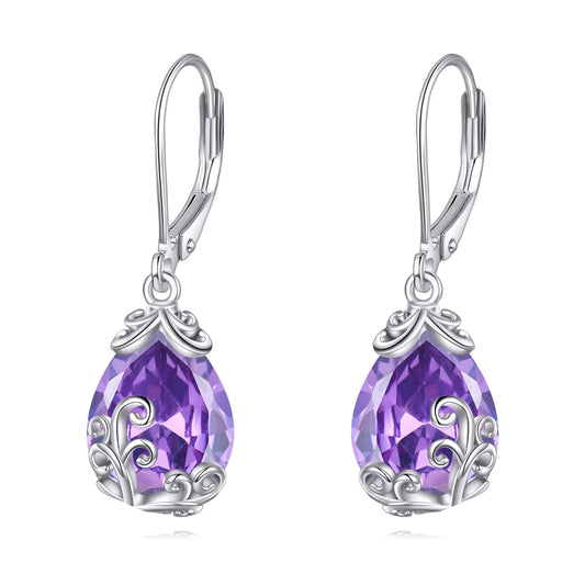 POPLYKE BirthStone Filigree Teardrop Drop Dangle Earrings Sterling Silver Amethyst Leverback Earrings February Birthstone Jewelry Gifts for Women