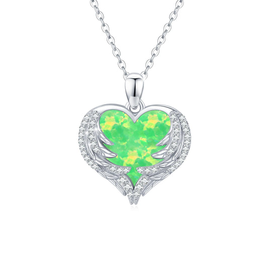 CUOKA MIRACLE Heart Necklace Angel Wing Heart Opal Necklace 925 Sterling Silver Women Necklace Guardian Angel Wings Pendant Necklace Dainty Opal Jewelry Birthday Gifts for Mom Women (Green Opal Wings)