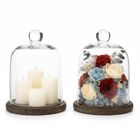 MyGift Clear Cloche Glass Dome, Display Bell Jar with Top Handle and Rustic Brown Solid Wood Base, Set of 2