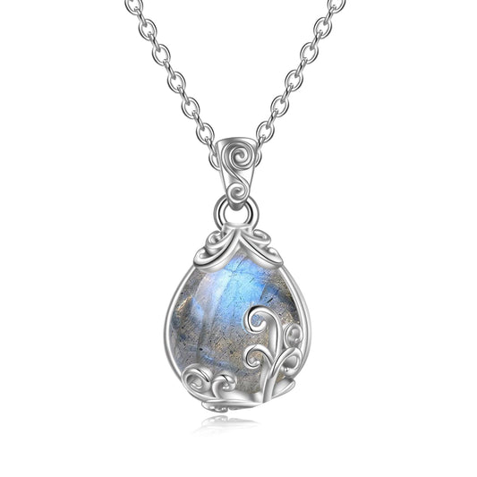 POPLYKE Sterling Silver Labradorite Filigree Teardrop Necklace Jewelry for Women（Small）