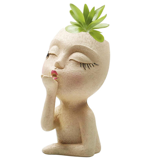 Latemeia Face Planter Cute Girl Face Flower Pot Throwing Kisses Resin Head Planter Vivid Decorative Unique Plant Pots for Home Balcony Garden Yard, Beige Yellow, Décor de pelouse