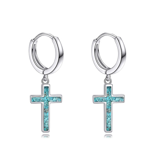 925 Sterling Silver Cross Hoop Earrings Turquoise Dangle Drop Earrings Huggie Jewelry Birthday Gifts for Women (Turquoise Cross)