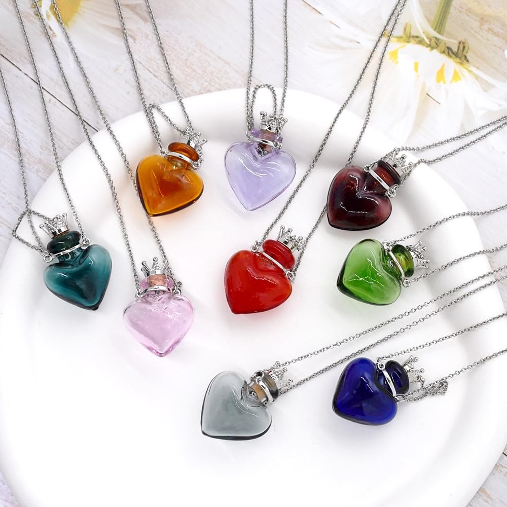 CoolDIY Glaze Glass Heart-Shaped Refillable Essential Oil Necklace Pendant - Aromatherapy Perfume Diffuser Pendant with Stainless Steel Chain (Pink)