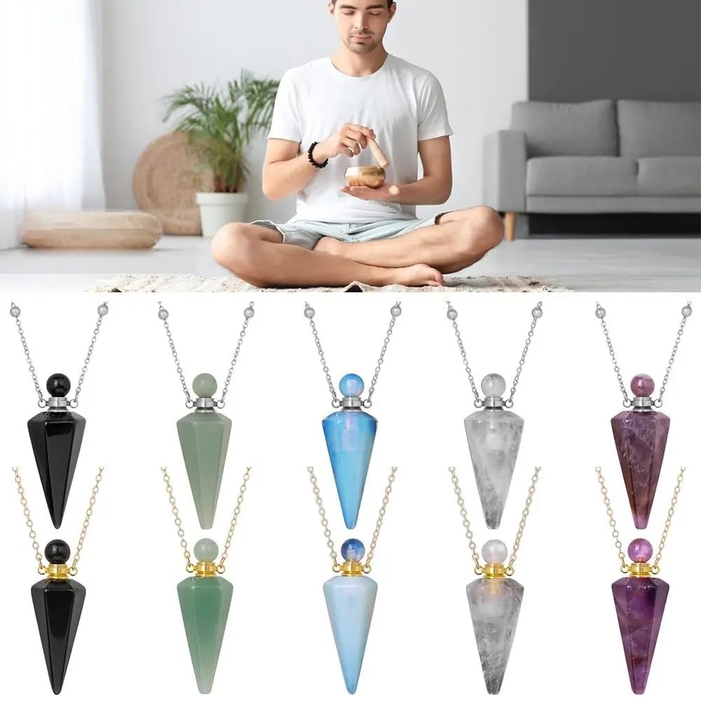 925 Sterling Silver Essential Oil Necklace For Women And Men, Natural Crystal Stone Cone Shape Pendant Necklace Healing Perfume Bottle Necklace Essential Oil Pendant Necklace (10 - Essential Oil Necklace)