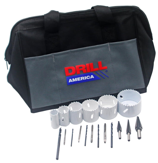 Drill America Electrician Tool Kit, 15-Piece Multi Tool Set with 4 Tap + Drill Bits, 6 Hole Saws, 1 Pilot Drill, 3 HSS Step Drills, Storage Bag Organizer, KMZELEC11