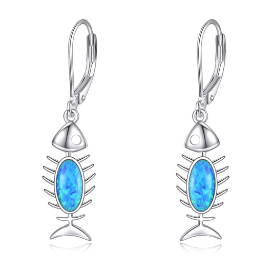 Fish Bone Dangle Earrings Sterling Silver Blue Opal Fishbone Skeleton Drop Earrings Jewelry Gift for Women