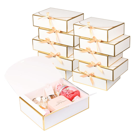 10 Pack Gold Foil Gift Boxes with Lids, 10.6x7.8x3.1Inch Luxury Bridesmaid Proposal Box, White Gift Boxes for Presents, Wedding, Baby Shower, Birthday Party