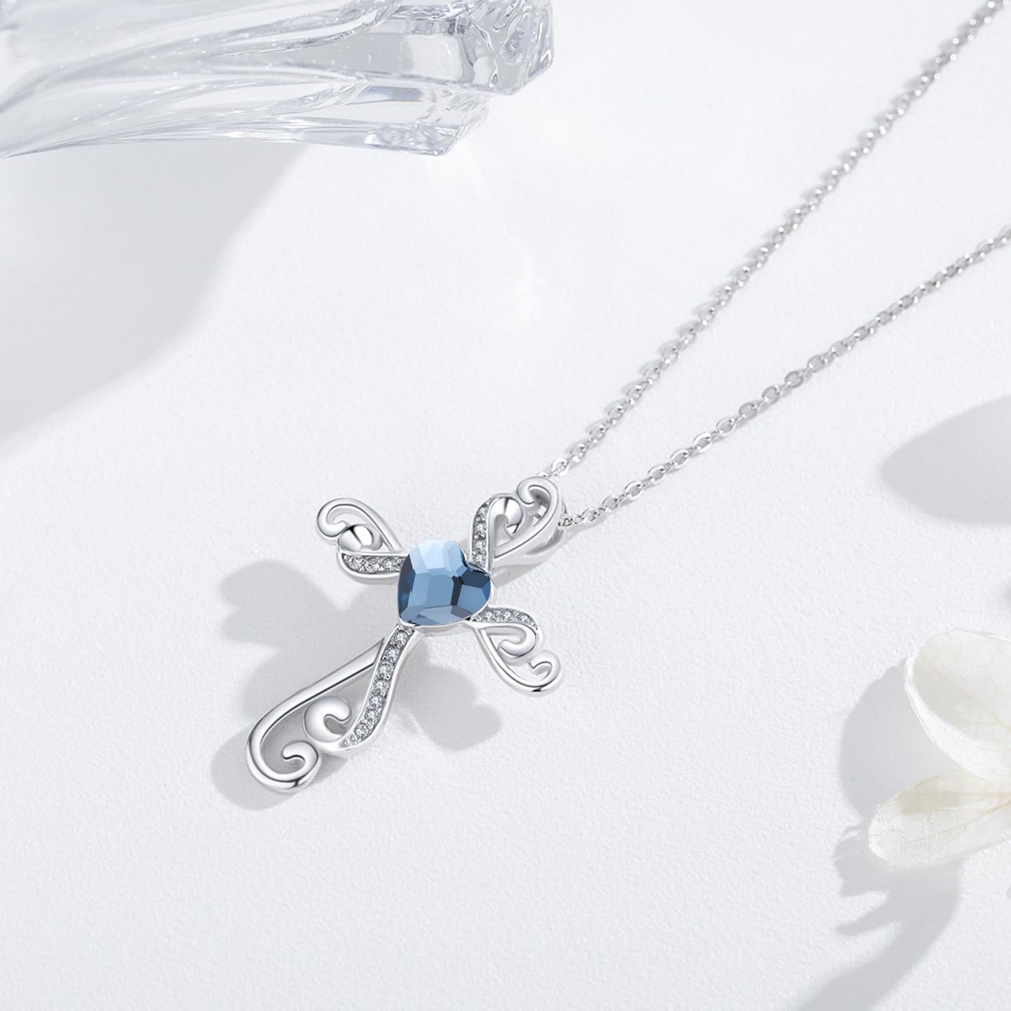 Twoowl Cross Necklace for Women 925 Sterling Silver Faith Birthstone Cross Pendant Necklace Cross Crucifix Religious Jewelry Gifts for Women