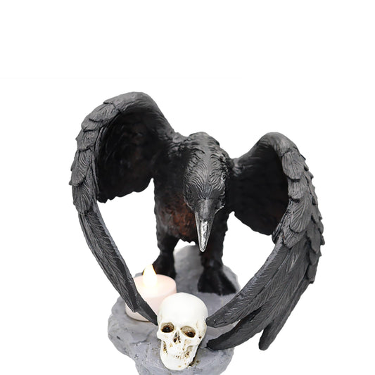 NVSHIQWEI Gothic Crow Light Holder Halloween Candle Holder, Fake Raven Tealight Holder with Skull Base, Resin Statue for Indoor Spooky Home Decor(Large)