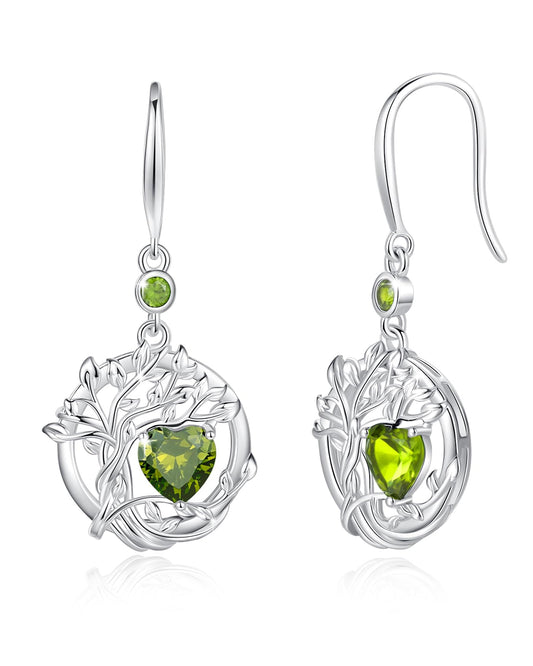 FANCIME Tree of Life Earrings 925 Sterling Silver Dainty Green Peridot Dangle Drop Gemstone Earring August Birthstone Fine Jewelry Birthday Mothers Day Gifts for Mom Her Women