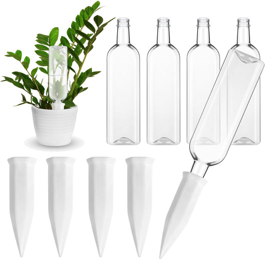 Ziliny 8 Pcs White Terracotta Watering Spikes with 25 oz Plastic Bottles Set, Plant Watering Devices Vacation Plant Waterer Self Watering Planter Devices Slow Release Planter for Indoor Outdoor