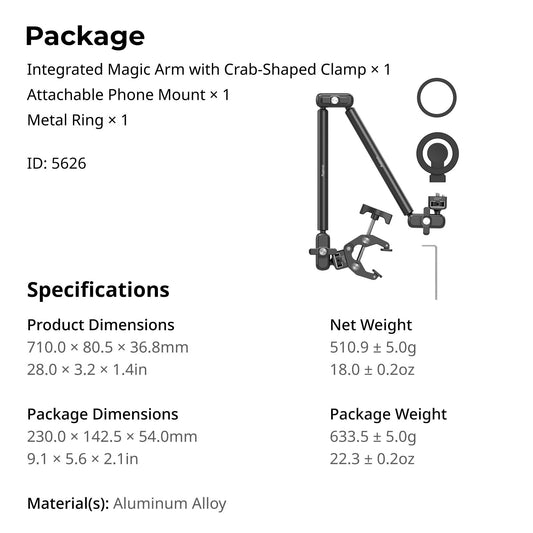 SMALLRIG Desktop Clamp Magic Arm Kit for MagSafe for iPhone, 55cm / 21.6" Two-Stage Adjustable Flexible Arm with Secure Grip for Smartphone, Webcam, Action Cameras - 5626