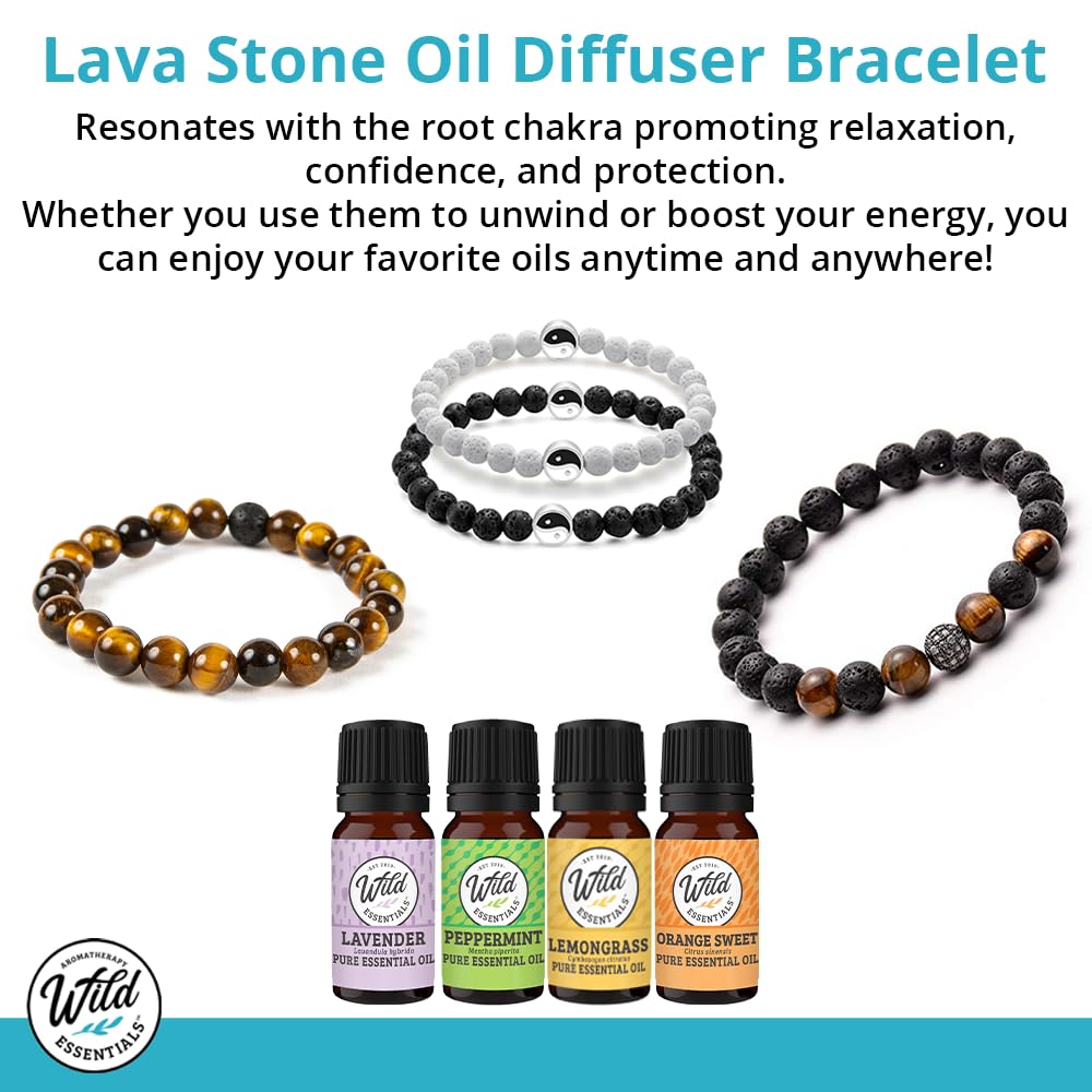 Wild Essentials Tiger Eye and Lava Stone Bracelet, Expandable up to 8 inches, Aromatherapy Jewelery for Women, Men, Esssential Oil Diffuser, Grounding Calming Strength Confidence