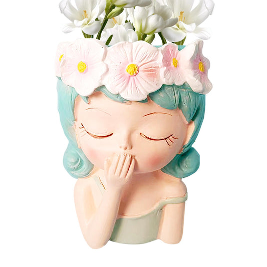 Flower Face Planter - Head Planter, Face Planters | Resin Planter with Drainage, Painted for Girl, Eyes Closed, Cactus Vase for Balcony, Indoor Outdoor Garden
