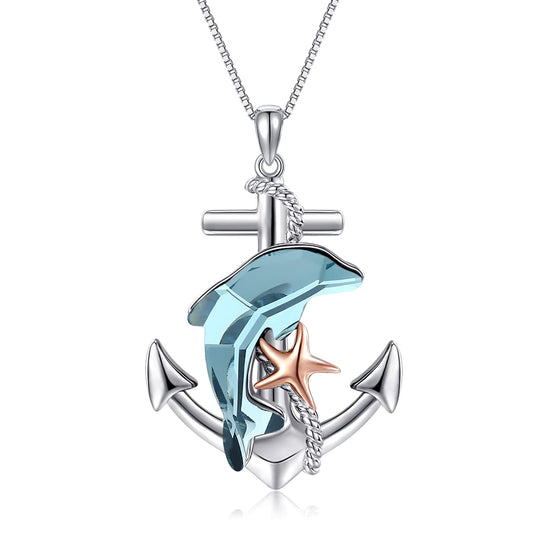 KoyeKei Dolphin Necklace Gifts for Women 925 Sterling Silver Anchor Dolphin Crystal Necklaces Nautical Ocean Pendant Beach Themed Jewelry Starfish Graduation Gifts for Daughter Best Friend Lover