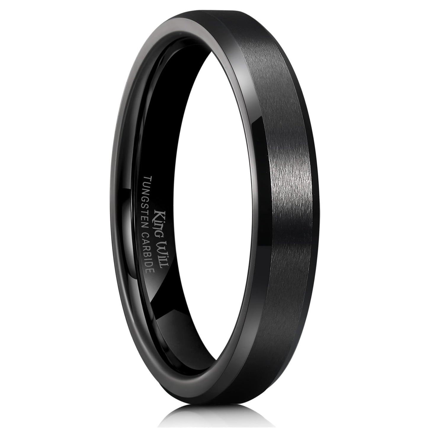 King Will 4mm Black Tungsten Men's Wedding Band - Brushed Matte Finish, Beveled Polished Edge, Comfort Fit 10