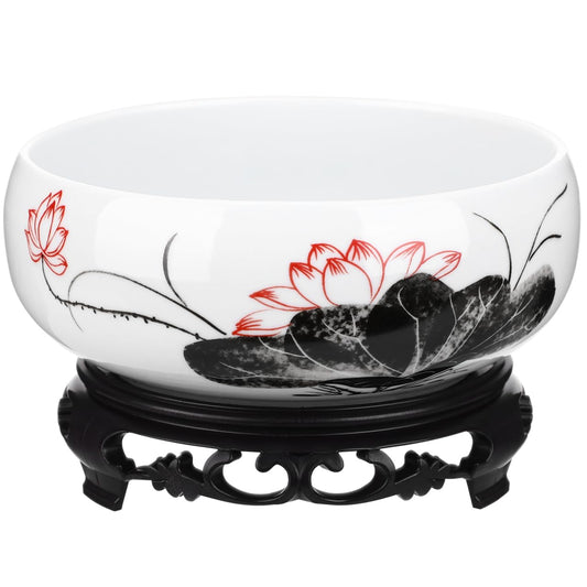Yardwe Ceramic Hydroponic Planter Pot with Plastic Base, 7.08 Inch Round White Ceramic Lotus Bowl for Indoor Plants, Water Lily, and Home Decoration