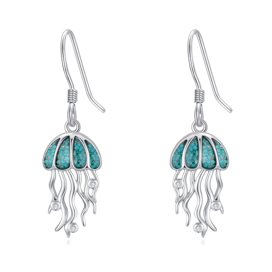 HPQQ Jellyfish Earrings 925 Sterling Silver Turquoise Jellyfish Dangle Earrings Ocean Beach Themed Jewelry Mother's Day Jewelry Gifts for Women