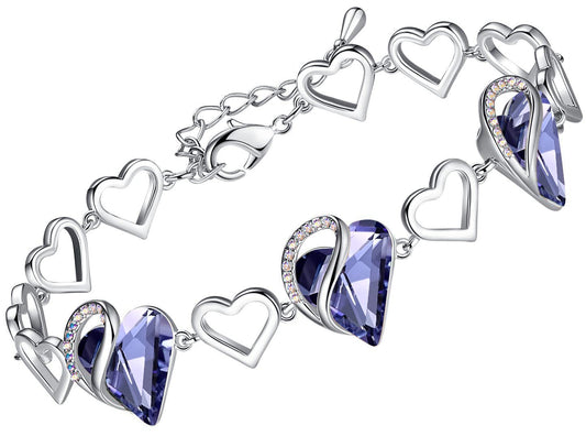 Leafael Infinity Love Heart Gift Bracelet for Women, February Birthstone Crystal, Tanzanite Purple, Silver Tone, 7-inch Chain and 2-inch Extender