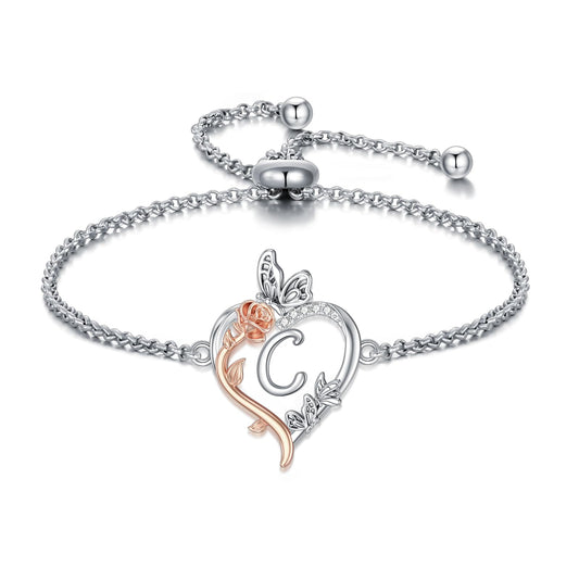 TOUPOP Rose Heart Bracelet for Women Sterling Silver Heart Initial C Letter Bracelet Butterfly Love Jewelry Anniversary Birthday Mothers Day Gifts for Mom Wife Her Girlfriend