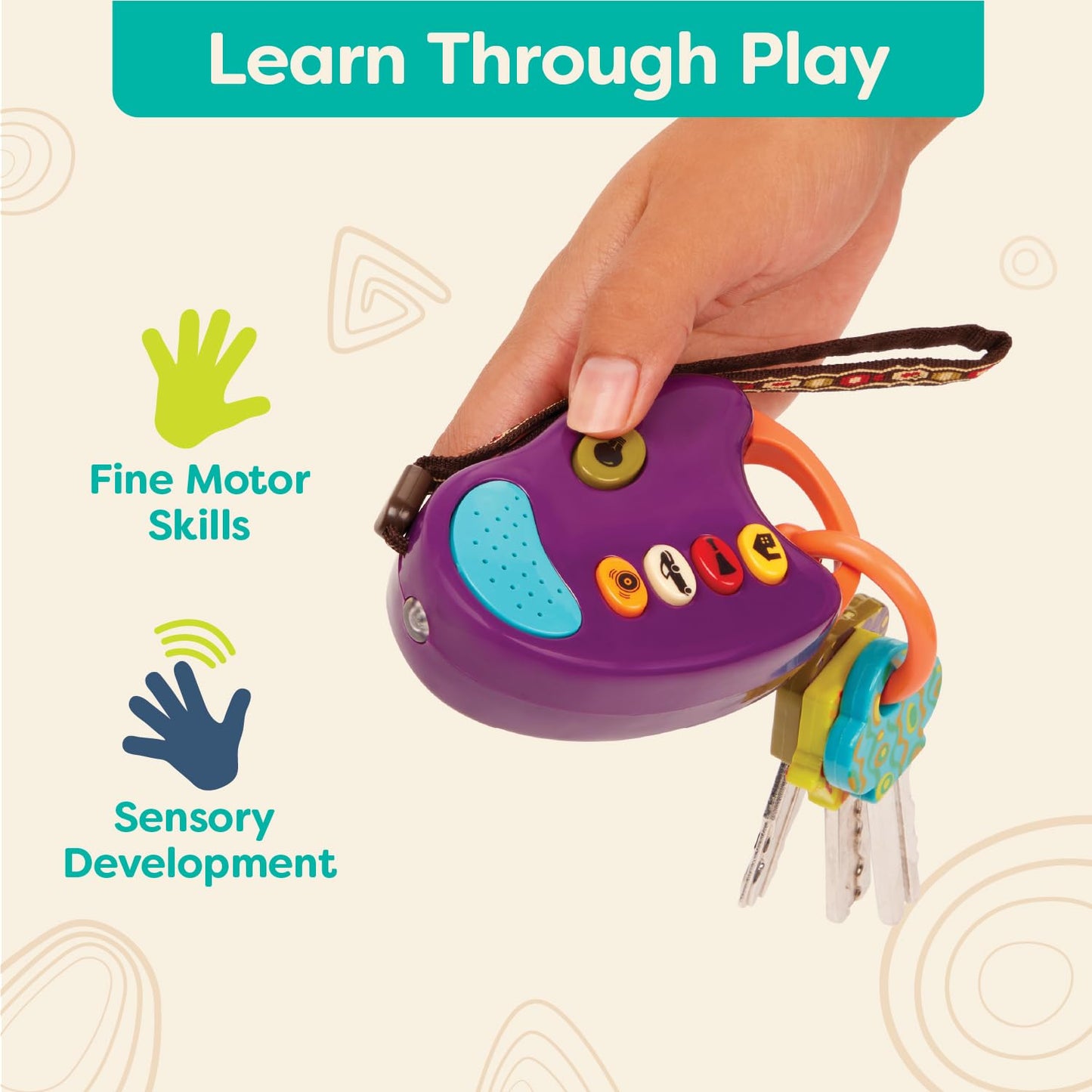 B. toys – Toy Car Keys – Key Fob with Lights & Sounds – Interactive Baby Toy – Pretend Keys for Babies, Toddlers – 10+ Months – FunKeys – Purple