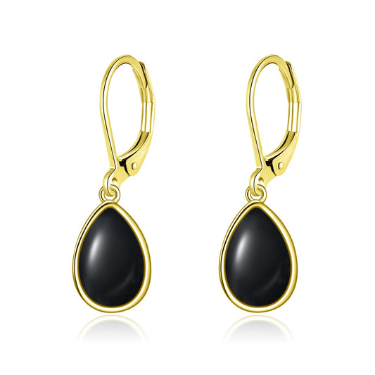 TALYKONG Black Onyx Earrings for Women Gold Plated Leverback Dangle Drop Earrings for Women (gold black onyx earrings)