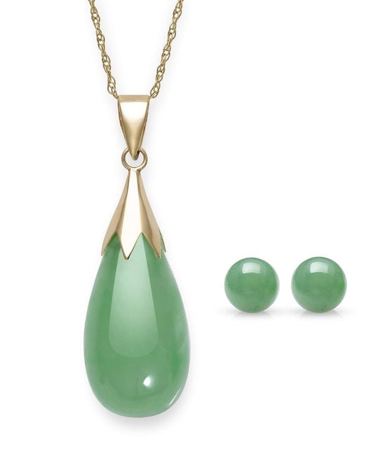 Belacqua Natural teardrop Jade Pendant Necklace with Round Stud Earrings Set for Women |10K Gold 18" Rope Chain With Spring Ring Clasp | Jewelry for Her | Gift Box Included
