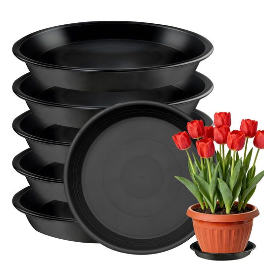 WYIPOLZI 6 Pack 10 Inch Plant Saucers Tray, Heavy Duty Plastic Plant Trays Drip Plates for Home & Garden Potted Plants, Water Trays Saucers for Pots Planter, Indoor Outdoor Use,Black